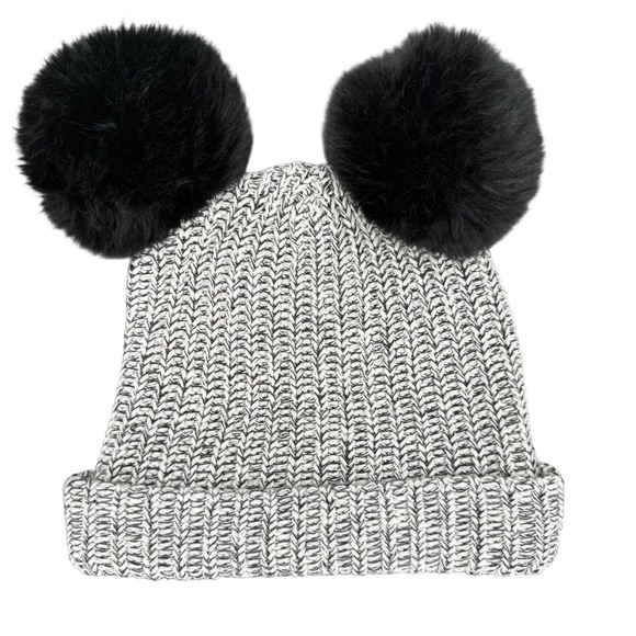 Love Your Melon Double Black Faux Fur Pom Beanie Black White Marl Cotton‎ Knit main image 5